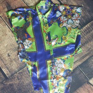 Silky royal blue and lime green blouse